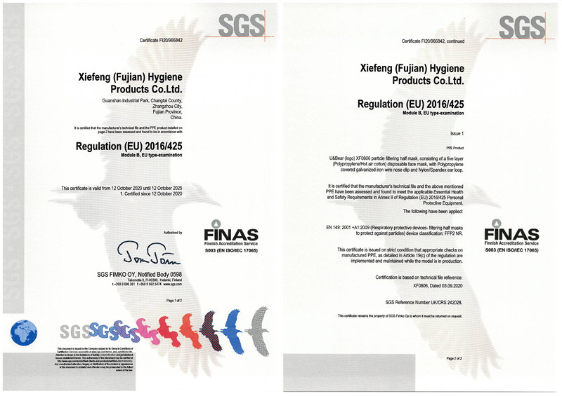 China XIEFENG (FUJIAN) HYGIENE PRODUCTS CO.,LTD Certificações